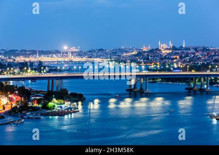 PIERRE LOTI HILL. Perfect sunset view of Golden Horn from Pierre Loti Hill. Eyup, Istanbul, Turkey. Stock Photo