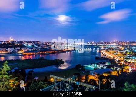 Perfect sunset view of Golden Horn from Pierre Loti Hill. Eyup, Istanbul, Turkey. Stock Photo
