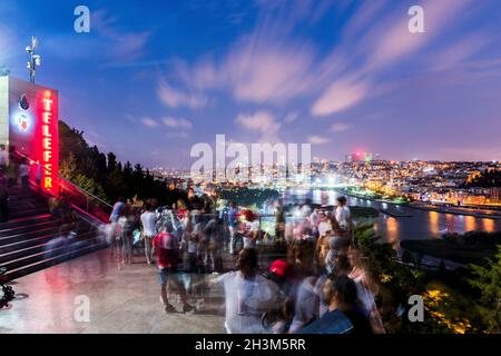 ISTANBUL, TURKEY - AUGUST 24, 2018: Peoples watching view of Golden Horn from Pierre Loti Hill. Eyup, Istanbul, Turkey. Stock Photo