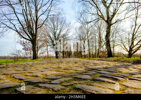 Road paved with paving stones. Old cobblestone way in perspective without cars. Stock Photo