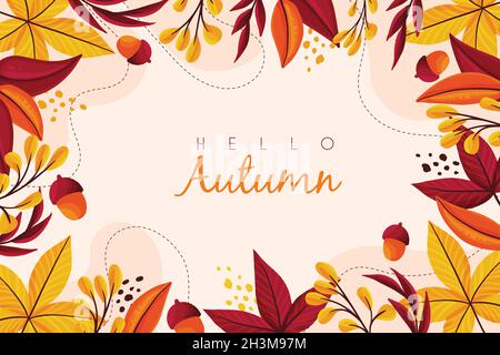 hello autumn with leaves hand drawn background vector design illustration Stock Vector