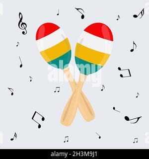 Mexican national musical instrument with a decor of notes - maracas Stock Vector