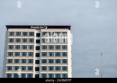 A low angle shot of the Premier Inn hotel building in Charing Cross, Glasgow on a bright sunny day. Stock Photo