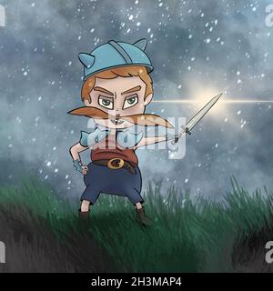 chibi Barberian with huge mustache armed with a magic sword in the grassy field Stock Photo