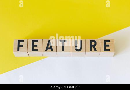 The word FEATURE is composed of building blocks on a white and yellow background. Stock Photo