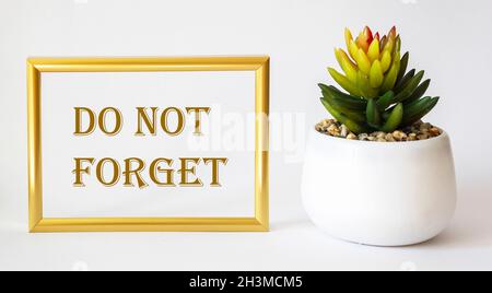 Do not forget something on a white background in a gold frame, next to a pot with a cactus Stock Photo