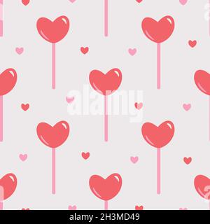 Vector seamless pattern with heartshaped lollipops. Design with candies and hearts. Stock Vector