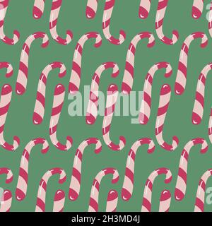 Vector seamless pattern with candycanes on green background. Bright design with hand drawn candies. Stock Vector