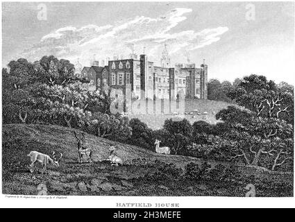 An engraving of Hatfield House, the Seat of the Marquis of Salisbury, Hertfordshire UK scanned at high resolution from a book printed in 1812. Stock Photo