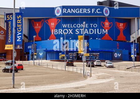 Signage on Ibrox Stadium the home of Glasgow Rangers FC, Ibrox, Glasgow, Scotland, UK, Europe Stock Photo