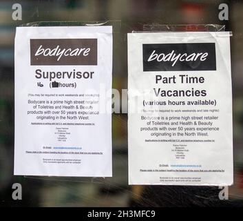 Advertising for Recruitment, hiring sales staff, shop vacancies in Preston city centre, UK Stock Photo