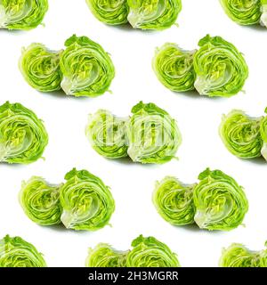 Fresh green iceberg lettuce salad leaves seamless repeat pattern on white background. Stock Photo
