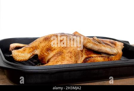 Whole roasted or slowly baked duck in roasting pan Stock Photo