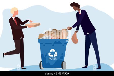 Waste recycling. People sort every type of waste. Recycling to save land Stock Vector