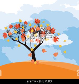 Abstract maple tree with falling autumn leaves over blue sky background. Stock Vector