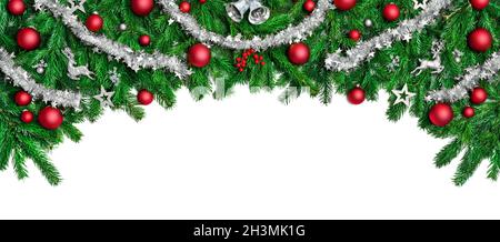 Wide arch shaped Christmas border isolated on white, composed of fresh fir branches and ornaments in red and silver Stock Photo