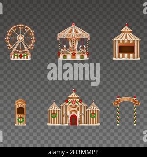Christmas gingerbread funfair with isolated ferris wheel, carousel, stall, signboard, circus and tickets booth Stock Vector