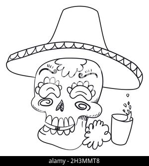 Festive smiling skull decorated with traditional pattern, wearing traditional Mexican charro hat, next to marigold flower and tequila shot for Day of Stock Vector