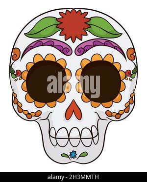 Colorful Mexican skull in frontal view, decorated with traditional pattern and flower for Day of the Dead. Stock Vector