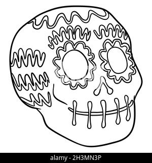 Tasty candy skull for coloring, decorated with traditional Mexican pattern for Day of the Dead celebration. Stock Vector