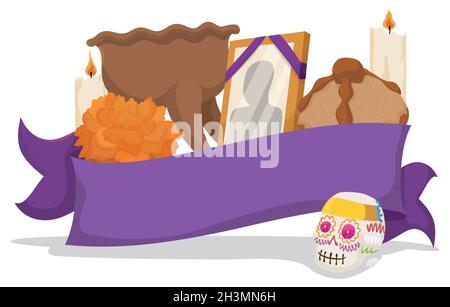 Traditional Mexican shrine with offering for the dead during Day of the Dead celebration: sugar skull, marigold flower, bread of the dead, portrait, c Stock Vector