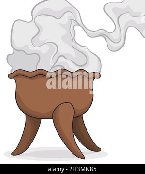 Traditional ceramic copal's censer with three legs, burning incense in cartoon style. Stock Vector