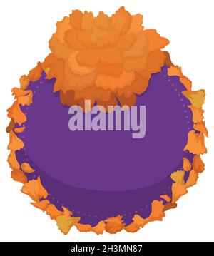 Marigold flower over empty purple round button with petals in its border. Stock Vector