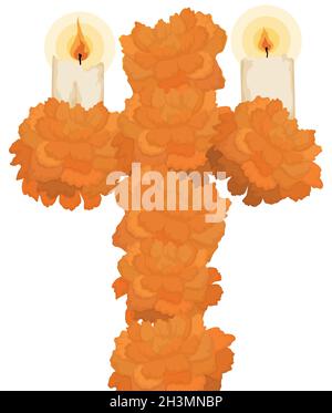Religious cross made with marigold -or cempasuchil in Mexican culture- flowers, decorated with lighted candles. Stock Vector