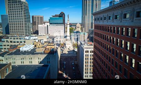 Aerial view through streets of Soldiers and Sailors Monument in downtown Indianapolis, Indiana Stock Photo