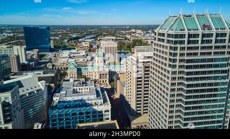 Aerial of downtown Indianapolis buildings, courthouse, and skyscrapers Stock Photo