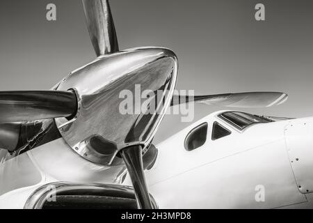 Close up airplane propeller with sun flare on sky background Stock ...