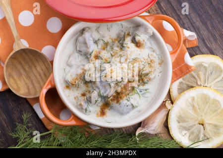 Turkish traditional tripe soup; iskembe corbasi and offal soup Stock Photo