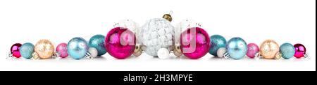 Christmas border of blue, pink and white ornaments. Side view isolated on a white background. Stock Photo