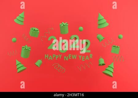 3D. happy new year 2022 and christmas. gift box, bell on red background Stock Photo