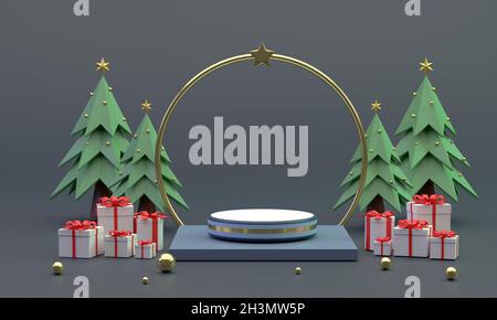 3D. A circular podium near a ring with stars, photo frame, Christmas tree and gift box. Stock Photo