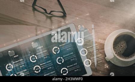 Top view Kanban board framework on virtual modern digital tablet computer showing innovation Agile software development lean project management tool f Stock Photo