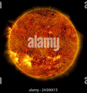 Washington DC, USA. 29th Oct, 2021. This image, showing activity on the edge of the Sun, was captured on October 25, 2021, by NASA's Solar Dynamics Observatory and shows a blend of light from the 171 and 304 angstrom wavelengths. Solar flares are powerful bursts of radiation. Harmful radiation from a flare cannot pass through Earth's atmosphere to physically affect humans on the ground; however, when intense enough, they can disturb the atmosphere in the layer where GPS and communications signals travel. NASA/UPI Credit: UPI/Alamy Live News Stock Photo