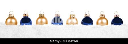 Christmas border of blue and gold ornaments in snow isolated on a white background Stock Photo