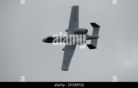 Fairchild Republic A-10 Thunderbolt II flies over Richard B. Russell Airport in Rome, Georgia. Stock Photo