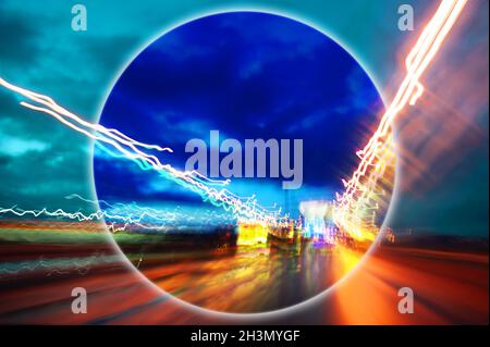 Modern art collage with evening expressway blurred view. Lights night road with motion blur effect in bright neon colors. Contem Stock Photo