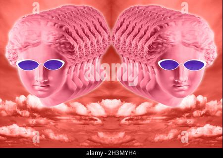 Collage with plaster antique sculpture of human face in a pop art style. Creative concept colorful neon image with ancient statu Stock Photo