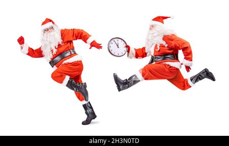 New Year's relay, Santa Claus runs and hand over the clock, isolated on a white background Stock Photo