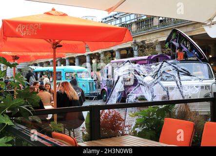 Halloween themed decorations around the food stands in Covent garden, central London, UK Stock Photo