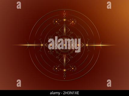 Magic ancient viking art deco, Gold Vegvisir navigation compass ancient. The Vikings used many symbols in accordance to Norse mythology sign Stock Vector