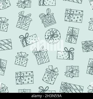Vector seamless pattern with gift boxes in outline style. Celebration Stock Vector