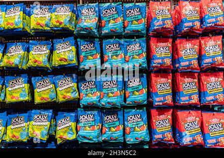 Hershey Pennsylvania, October 15, 2021: Bags of Jolly Rancher Candies on display at Hershey’s Chocolate World retail store. Stock Photo