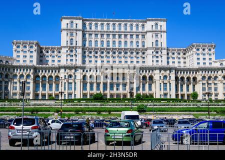 Bucharest, Romania, 6 May 2021: The Palace of the Parliament also known as People's House (Casa Popoprului) in Constitutiei Square (Piata Constitutiei Stock Photo