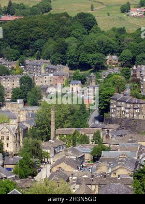 Aerial view of the town of hebden bridge in west yorkshire in summer Stock Photo