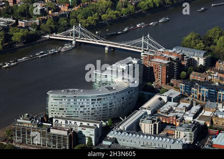 UK, London, Aerial view of Battersea buildings and River Thames Stock Photo