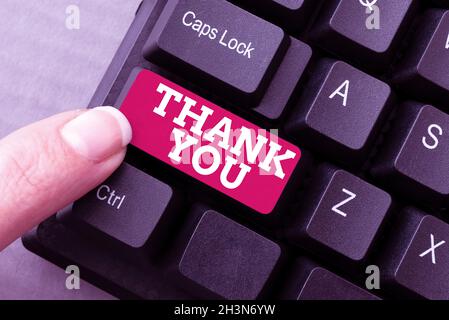 Sign displaying Thank You. Word Written on polite expression used when acknowledging gift service compliment Abstract Replying To Online Message Stock Photo